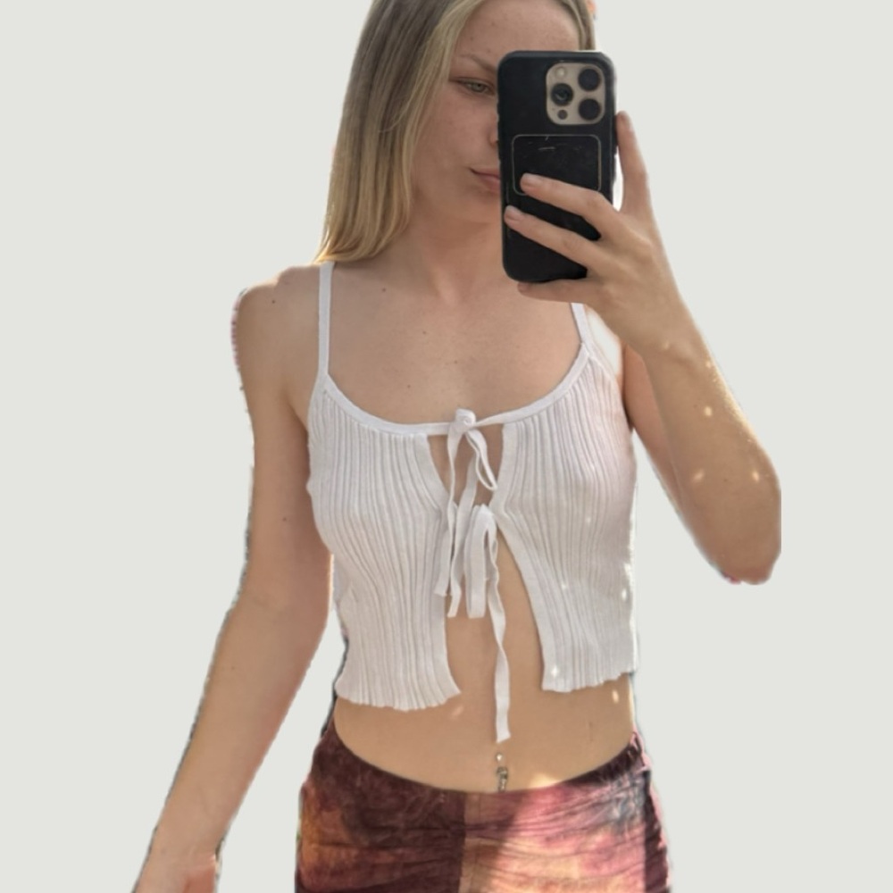 Free People White Ribbed Tie-Front Crop Top